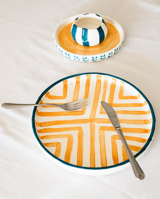 HANDMADE CERAMIC YELLOW LINE DINNER PLATE