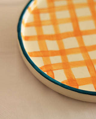 HAND PAINTED YELLOW PLAID CERAMIC PLATE FOR SALE