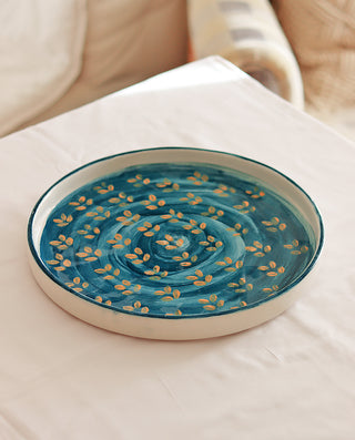 HAND PAINT CERAMIC SERVING PLATTER BLUE