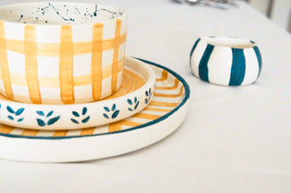 YELLOW PLAID HANDMADE CERAMIC BOWL
