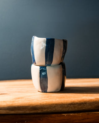 Striped white clay ceramic espresso shots SET of 2