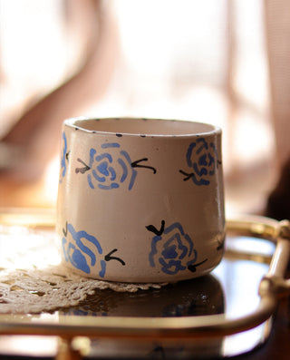 HANDCRAFTED CERAMIC MUG WITH BLUE ROSES MADE IN ATHENS