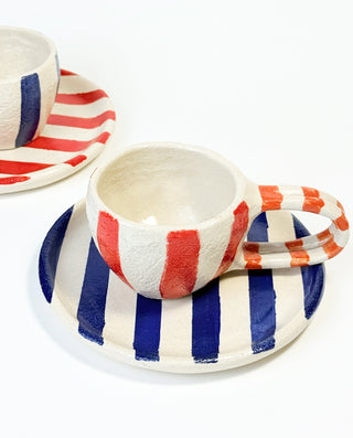 CERAMIC RED STRIPE MUG WITH BLUE STRIPE PLATE