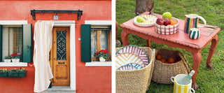 Left: Pink building with green shutters and a white curtain. Right: Pink table outdoors with colorful plates and fruit.