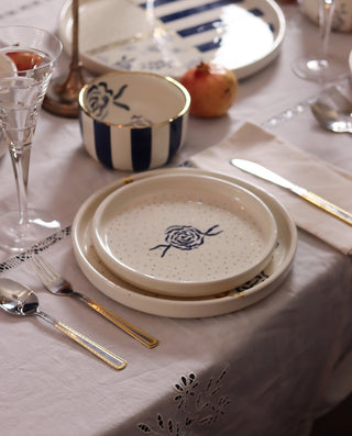 GOLDEN DOT HANCRFATED CERAMIC PLATE WITH BLUE ROSE IN THE MIDDLE