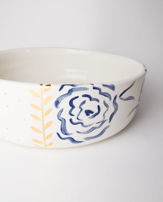 HANDPAINTED LUXURY CERAMIC BOWL WITH BLUE FLOWERS AND GOLD DETAILS