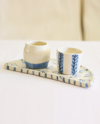LIGHT BLUE WITH WHITE HAND PAINTED CERAMIC ESPRESSO CUP SET WITH FLORAL DETAILS