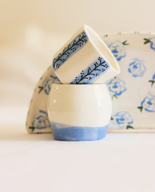 LIGHT BLUE HAND PAINTED CERAMIC COFFEE CUP SET WITH FLORAL DETAILS