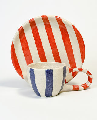 STONEWARE STRIPE MUG WITH SAUCER