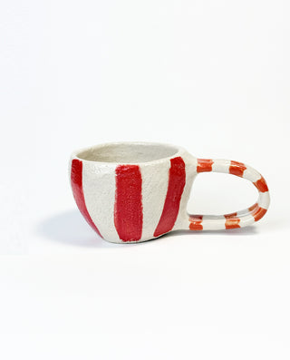 HANDPAINTED CERAMIC MUG WITH RED STRIPES AND HANDLE