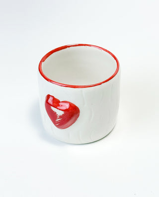 WHITE CLAY CERAMIC MUG WITH EMBOSSED RED HEART