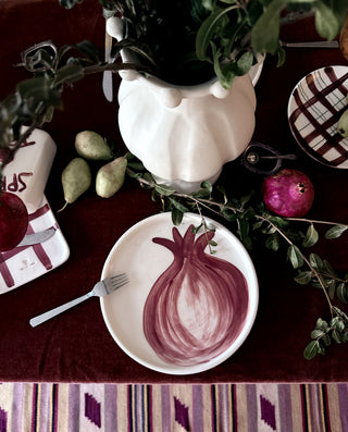 Artisan dinner plate with red pomegranate design, hand-painted in Greece by Vectors & Roses