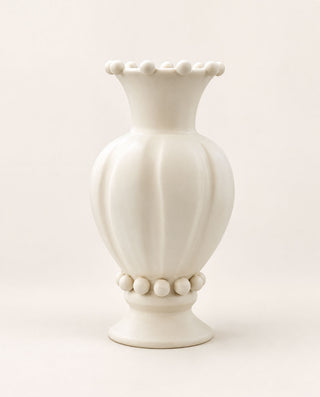 Handmade Pearl sculptural ceramic vase in matte white with fluted body and decorative spherical details, front view.