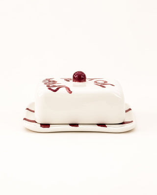 Handmade ceramic butter dish with lid and burgundy check pattern, POMONA Collection