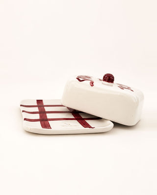 Burgundy check ceramic butter dish with matching lid by Vectors & Roses