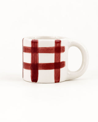 Hand-painted ceramic coffee mug with burgundy check pattern, POMONA Collection