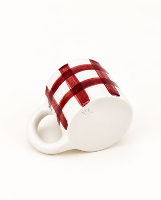 Handmade Greek ceramic mug with red checked brushstrokes on glossy glaze