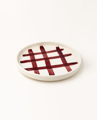 Burgundy checkered ceramic dessert plate, handmade in Greece by Vectors & Roses