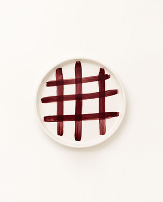 Hand-painted burgundy check ceramic dessert plate from the POMONA Collection