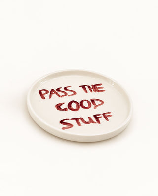 Handmade ceramic dessert plate with Pass the Good Stuff burgundy lettering, POMONA Collection