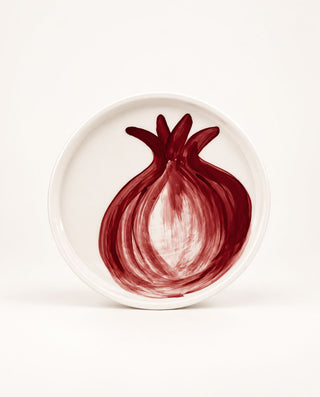 Hand-painted ceramic dinner plate with burgundy pomegranate illustration, POMONA Collection by Vectors & Roses