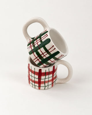 Handmade and hand-painted plaid ceramic mugs in burgundy and green by Vectors & Roses, Greece.
